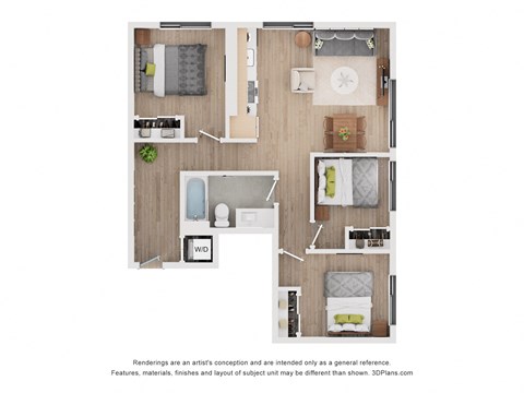Floor plan for 3 beds, 1 bath, 872 sqft